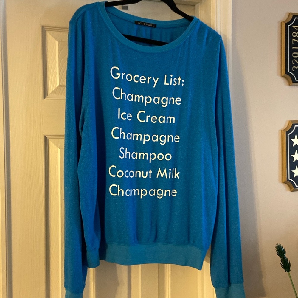 Wildfox Champagne / Grocery list blue sweatshirt